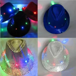 Chapeau disco rétro - LED - lumineux - avec paillettes / paillettes