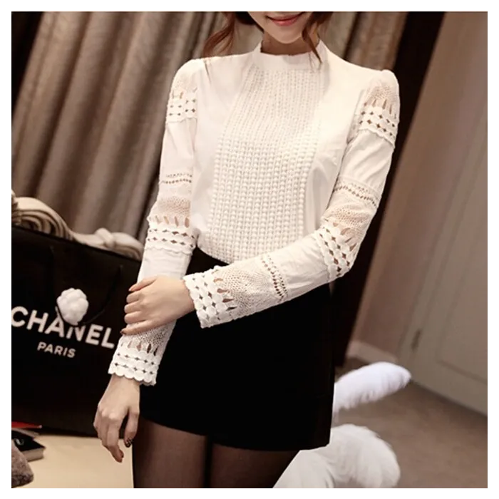 Elegant long sleeve white blouse - hollow out laceBlouses & shirts