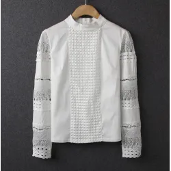 Elegant långärmad vit blus - ihålig spets