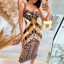 VestidosVestido midi de moda sexy - sin mangas - estampado de leopardo amarillo - delgado