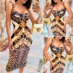 Abito midi sexy alla moda - senza maniche - giallo leopardato - slim