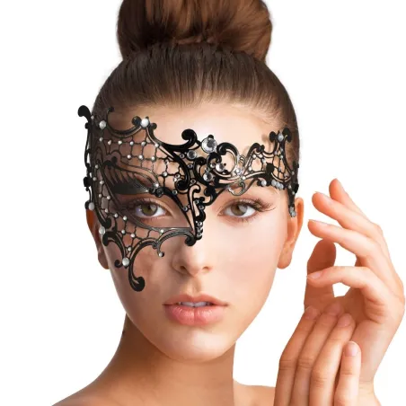 Sort venetiansk one eye maske - metal blonder - krystaller - maskerade / karnevaler