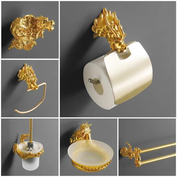 Luksus vægmonterede kroge - guld drage design - papirholder - håndklædeholder - hylde - badeværelsestilbehør