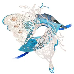 Venetiansk øyemaske i metall - uthult sommerfugl - krystaller - laserkuttet - maskerader / karneval