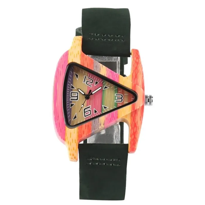 Montre tendance en bois - forme triangle colorée - bracelet cuir