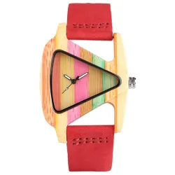Relógio de madeira moderno - formato triangular colorido - pulseira de couro