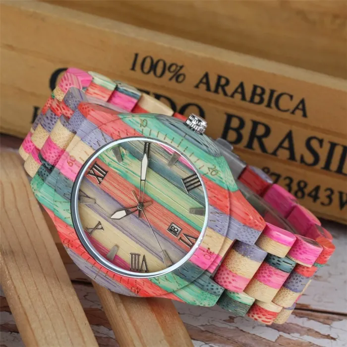 Montre en bois colorée à la mode - ronde - Quartz - unisexe