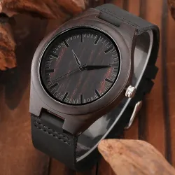 Montre en bois de santal noir - bracelet en cuir - cadeau pour le père - The Best Dad