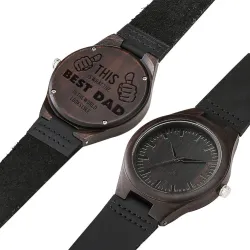 Montre en bois de santal noir - bracelet en cuir - cadeau pour le père - The Best Dad