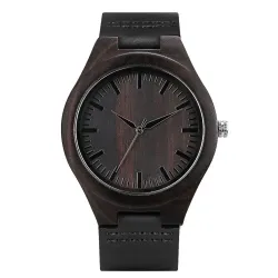 Zwart sandelhout horloge - leren band - cadeau voor vader - The Best DadHorloges