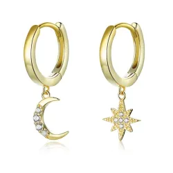 Brincos de ouro redondos na moda - lua / estrela - prata esterlina 925
