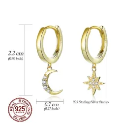 AretesPendientes de oro redondos de moda - luna / estrella - plata de ley 925