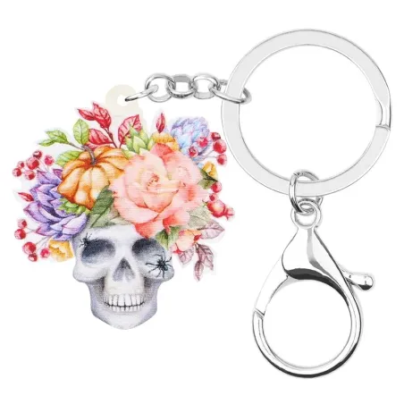 Akryl Halloween hodeskalle med blomster - nøkkelring