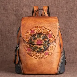 Sac à dos rétro pour femme - gaufrage floral - cuir véritable - grande capacité