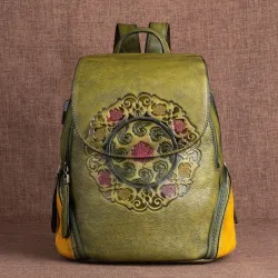 Women's retro backpack - floral embossing - genuine leather - large capacityBackpacks