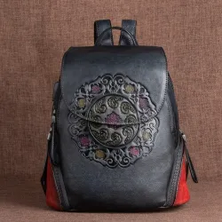 MochilasMochila retro mujer - estampado floral - piel genuina - gran capacidad