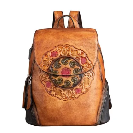 Sac à dos rétro pour femme - gaufrage floral - cuir véritable - grande capacité