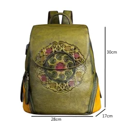 Sac à dos rétro pour femme - gaufrage floral - cuir véritable - grande capacité