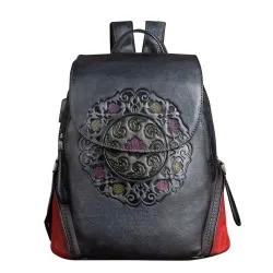 Women's retro backpack - floral embossing - genuine leather - large capacityBackpacks