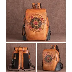 MochilasMochila retro mujer - estampado floral - piel genuina - gran capacidad