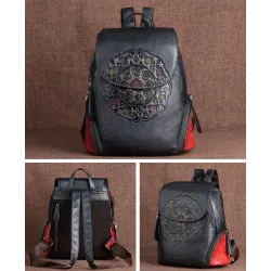 Women's retro backpack - floral embossing - genuine leather - large capacityBackpacks