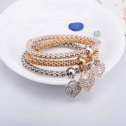 Elegant three-piece bracelet - with crystal hearts - silver - gold - rose goldBracelets