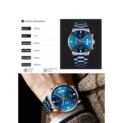 CRRJU - montre bleue de luxe - Quartz - acier inoxydable - étanche