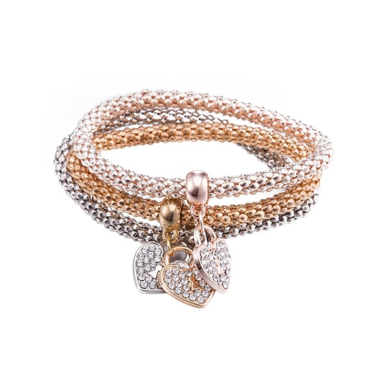 Elegancka trzyczęściowa bransoletka - z kryształowymi sercami - srebrno - złoto - różowe złotoBransoletki