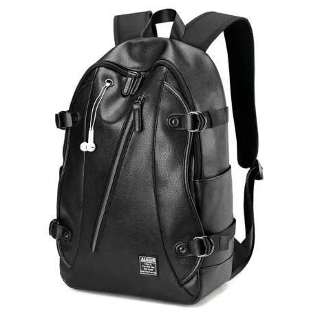 Sac à dos en cuir à la mode - sac pour ordinateur portable 15,6 pouces - trou pour écouteurs - étanche