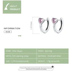 AretesPendientes de botón con un corazón de cristal rosa - plata de ley 925
