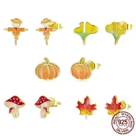 AretesPendientes pequeños de moda - plata de ley 925 - edición de otoño - espantapájaros - hoja - calabaza