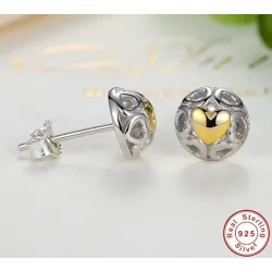 AretesPendientes de botón exclusivos - corazones huecos - corazón de circón amarillo - plata de ley 925
