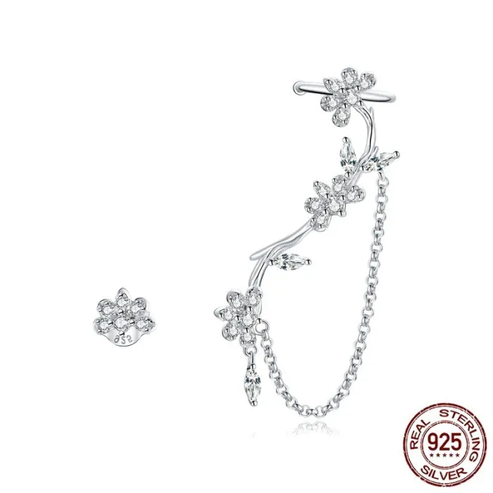 Boucles d'oreilles puces florales - asymétriques - avec chaîne / cristaux - argent sterling 925