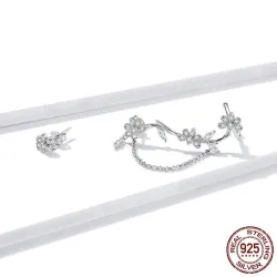 Blomstrete øredobber - asymmetrisk - med kjede / krystaller - 925 sterling sølv