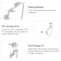 Floral stud earrings - asymmetric - with chain / crystals - 925 sterling silverEarrings