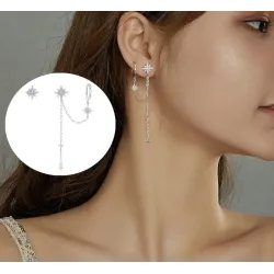 Boucles d'oreilles pendantes élégantes avec étoiles - asymétriques - avec chaîne / cristaux - argent sterling 925