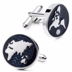 Round blue cufflinks - world map - brassCufflinks