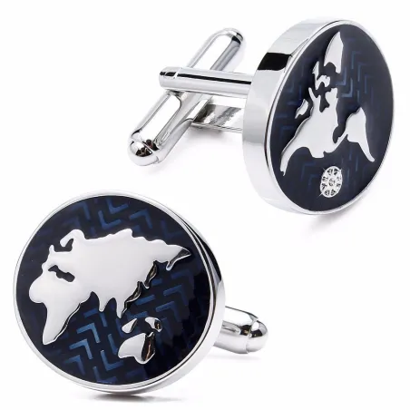 Boutons de manchette ronds bleus - mappemonde - laiton