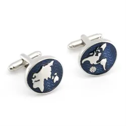 Boutons de manchette ronds bleus - mappemonde - laiton