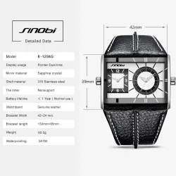 SINOBI - montre à quartz à la mode pour hommes - double fuseau horaire multiple - bracelet en cuir