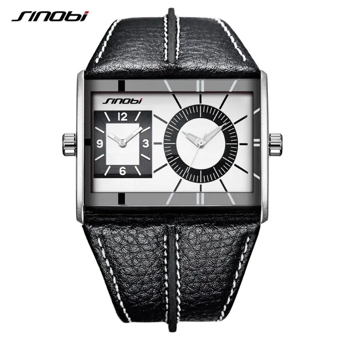 SINOBI - montre à quartz à la mode pour hommes - double fuseau horaire multiple - bracelet en cuir