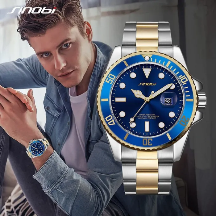 SINOBI - klassisk sports quartz ur - lysende skive - rustfrit stål