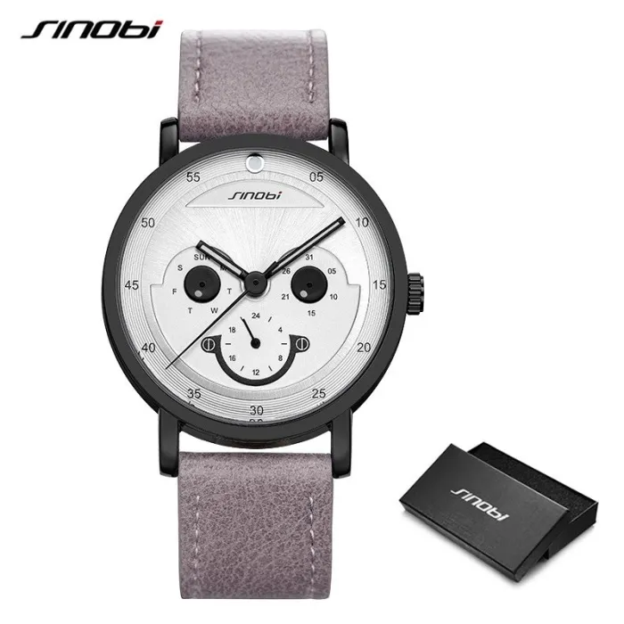 SINOBI - stilfuldt quartz ur - læderrem - smile ansigt design