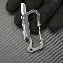 Mini couteau multifonction - avec décapsuleur / mousqueton - acier inoxydable