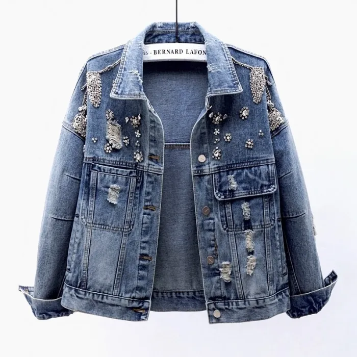 Vintage kurze Jeansjacke - mit Diamanten / Löchern