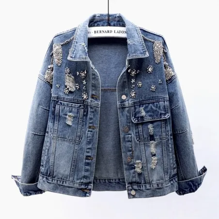 Giacca di jeans corta vintage - con diamanti / buchi
