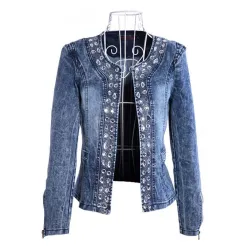 Giacca di jeans corta alla moda - con paillettes / cristalli - slim