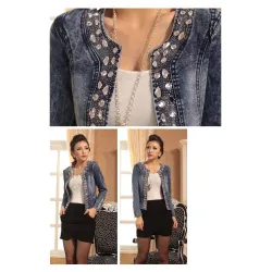 Veste en jean courte à la mode - avec paillettes / cristaux - slim