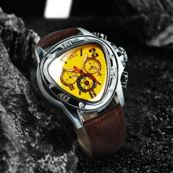 RelojesJaragar - lujoso reloj deportivo automático - esfera triangular geométrica - correa de piel auténtica