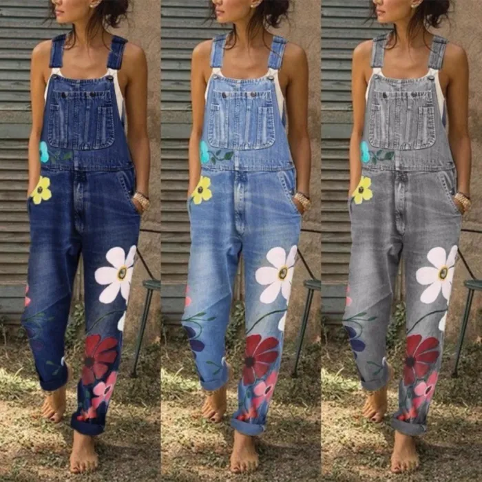 Sommer lang jumpsuit - jeans romper - blomster print